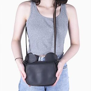 Coach x Disney Collab Black Leather Patricia Saddle With Mickey Ears